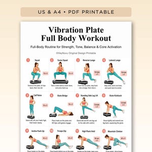 Könnte beinhalten: Ein druckbarer PDF-Leitfaden mit dem Titel Vibration Plate Full Body Workout, der zwölf nummerierte Übungsillustrationen enthält. Jeder Abschnitt zeigt eine Person in Sportkleidung bei Bewegungen auf einer schwarzen Vibrationsplatte mit Textanweisungen.