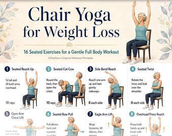 May include: A digital printable guide titled Chair Yoga for Weight Loss featuring 16 seated exercises. The document includes illustrations of a person in a teal tank top and dark leggings performing yoga poses on a chair with instructional text.
