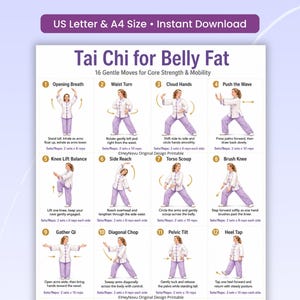 Tai Chi for Belly Fat Workout Chart, 16 Core Workout Moves, Printable PDF