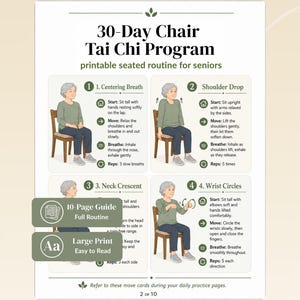 May include: A 30-Day Chair Tai Chi Program printable guide for seniors featuring four illustrated exercises: Centering Breath, Shoulder Drop, Neck Crescent, and Wrist Circles. The document includes a 10-page guide, large print, and step-by-step instructions.