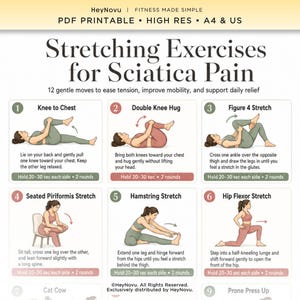 Könnte beinhalten: Ein druckbares PDF-Handbuch mit dem Titel Stretching Exercises for Sciatica Pain, das 12 illustrierte Übungen zeigt. Das Dokument enthält nummerierte Schritte wie Knee to Chest, Double Knee Hug und Figure 4 Stretch mit Anleitungen.