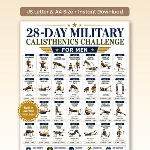 Pode incluir: Um gráfico de desafio de calistenia militar de 28 dias com 28 ilustrações de exercícios diários, instruções de texto, contagem de repetições e séries. O documento inclui um emblema de estrela dourada com o texto Built-in exercise form cues.
