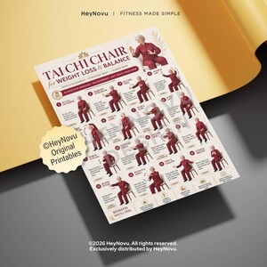 May include: A printed instructional chart titled Tai Chi Chair for Weight Loss & Balance, featuring sixteen numbered illustrations of a person in red clothing performing seated exercises on a chair, with descriptive text for each movement.
