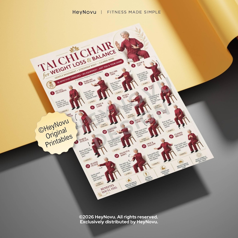 May include: A printed instructional chart titled Tai Chi Chair for Weight Loss & Balance, featuring sixteen numbered illustrations of a person in red clothing performing seated exercises on a chair, with descriptive text for each movement.