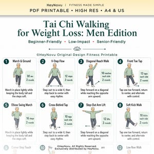 Op de afbeelding: Een digitaal fitness-printblad getiteld Tai Chi Walking for Weight Loss: Men Edition door HeyNovu. Het document bevat twaalf genummerde instructiepanelen met illustraties van een persoon die bewegingen uitvoert zoals March & Ground en V-Step Flow.