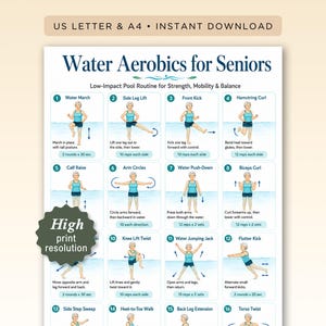May include: A digital exercise chart titled Water Aerobics for Seniors featuring sixteen illustrated low-impact pool routines. Each numbered box displays a person in a blue swimsuit performing movements like water marches, kicks, and arm circles.