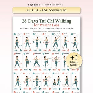 Könnte beinhalten: Ein digitaler Fitnessplan mit dem Titel 28 Days Tai Chi Walking for Weight Loss, der einundzwanzig nummerierte Illustrationen einer Person in türkisfarbener Sportkleidung bei verschiedenen Bewegungen sowie Anleitungen und ein Zusatzabzeichen zeigt.