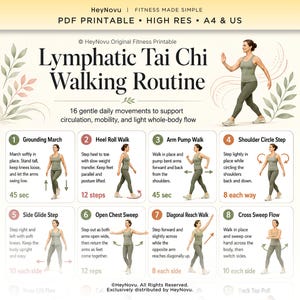 May include: A printable fitness guide titled Lymphatic Tai Chi Walking Routine featuring 16 gentle daily movements. The document includes numbered instructional boxes with illustrations of a person in olive green activewear demonstrating exercises.