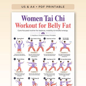 Tai Chi for Belly Fat Printable Exercise Chart, Daily Workout Poster