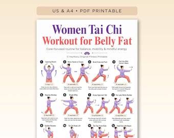 Tabla de ejercicios imprimible de Tai Chi para reducir la grasa abdominal, póster de entrenamiento diario
