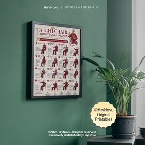 May include: A framed instructional poster titled Tai Chi Chair for Weight Loss & Balance, featuring sixteen numbered illustrations of a person in red clothing performing seated exercises, with text detailing movements and health benefits.