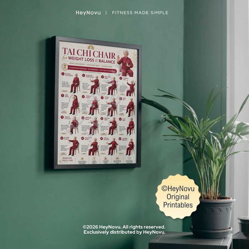 May include: A framed instructional poster titled Tai Chi Chair for Weight Loss & Balance, featuring sixteen numbered illustrations of a person in red clothing performing seated exercises, with text detailing movements and health benefits.