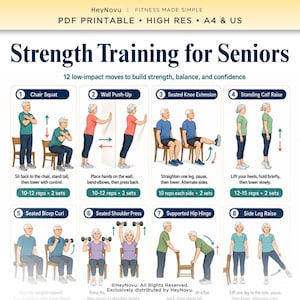 Op de afbeelding: Een printbare PDF-gids getiteld Strength Training for Seniors met 12 oefeningen met een lage impact. Het document bevat illustraties van personen die bewegingen uitvoeren zoals stoelsquats en muur-push-ups, vergezeld van tekstuele instructies.