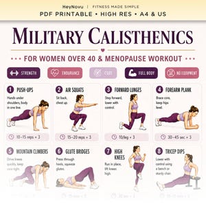 May include: A digital workout guide titled Military Calisthenics for Women Over 40 & Menopause Workout. The printable chart features eight numbered exercises including push-ups, air squats, lunges, planks, mountain climbers, glute bridges, and dips.