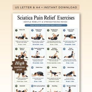 May include: A digital chart titled Sciatica Pain Relief Exercises featuring sixteen numbered illustrations of a person performing various physical movements. The document includes text instructions for each exercise, such as Pelvic Tilt and Bird Dog.