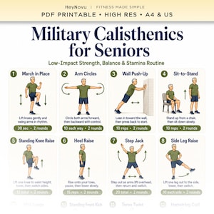 Può includere: Una guida PDF stampabile intitolata Military Calisthenics for Seniors che presenta otto esercizi illustrati, tra cui marcia sul posto, circonduzioni delle braccia, piegamenti al muro, alzarsi dalla sedia, sollevamento ginocchia, sollevamento talloni, step jack e sollevamento gamba laterale.