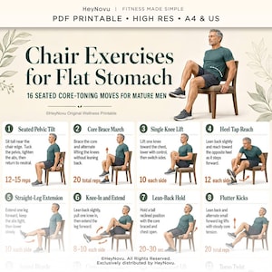May include: A digital fitness guide titled Chair Exercises for Flat Stomach featuring 16 seated core-toning moves. The document includes illustrations of a person performing exercises like Seated Pelvic Tilt, Core Brace March, and Flutter Kicks.
