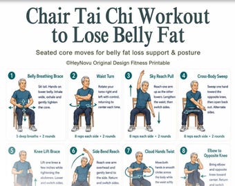 May include: A printable fitness guide titled Chair Tai Chi Workout to Lose Belly Fat. The document features eight numbered illustrations of a person in a blue shirt and dark pants performing seated exercises on a wooden chair with text instructions.