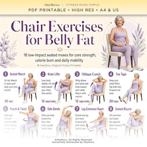 Puede incluir: Una guía de fitness digital titulada Chair Exercises for Belly Fat que presenta 16 ejercicios sentados de bajo impacto. El documento incluye ilustraciones de una persona con ropa deportiva color lavanda realizando movimientos como marchas sentadas.