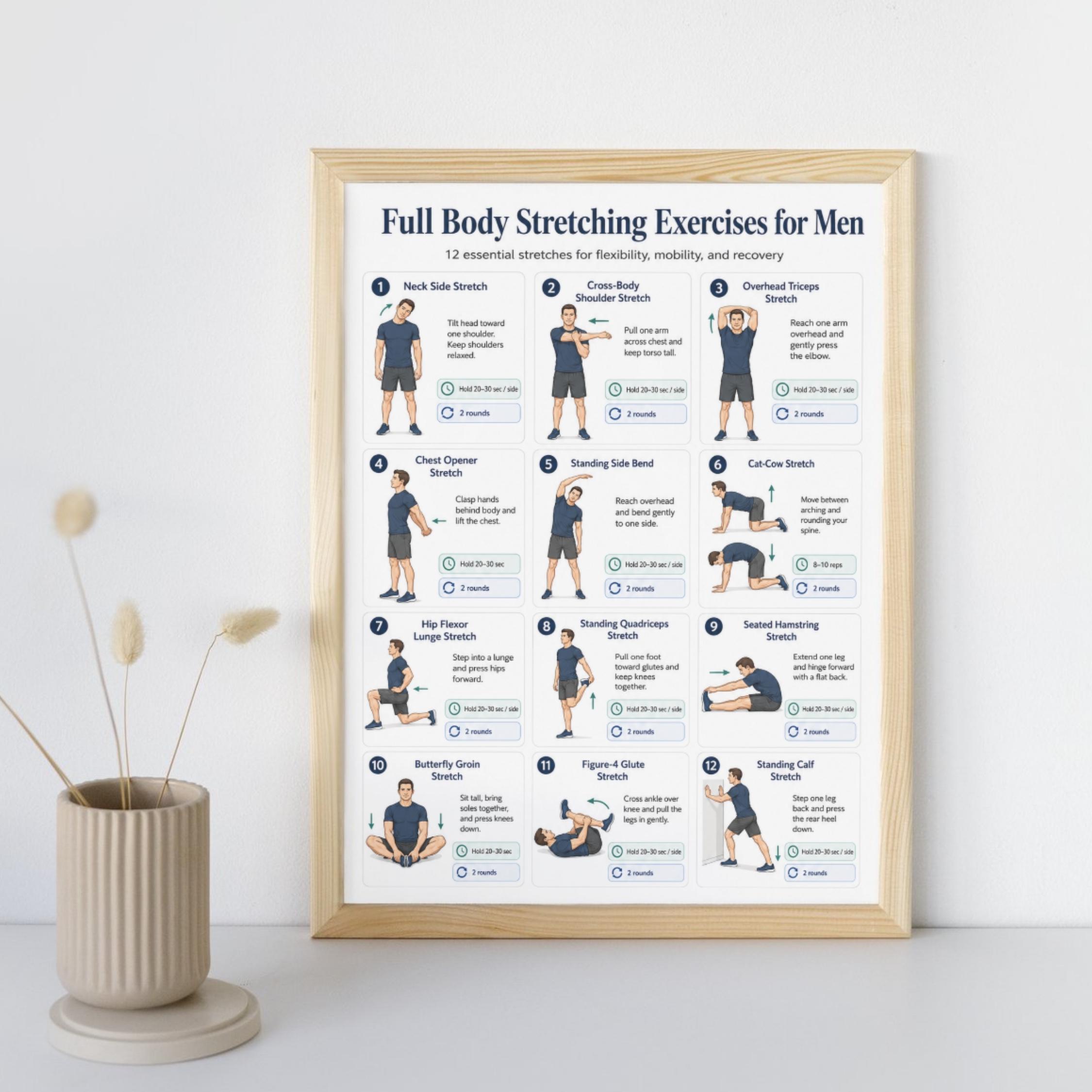 Full Body Stretching Exercises Printable PDF, Exercises for Men Poster ...