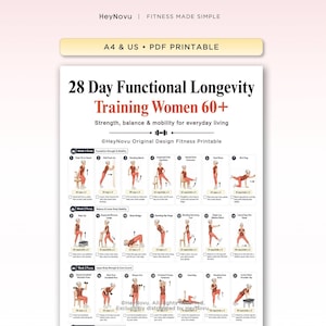May include: A 28-day functional longevity training guide for women 60+ in a PDF printable format. The document features numbered exercise illustrations with instructions for strength, balance, and mobility, organized into three weekly focus sections.