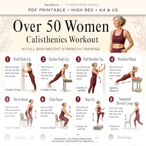 May include: A digital fitness guide titled Over 50 Women Calisthenics Workout featuring 16 full bodyweight strength training exercises. The document includes instructional illustrations for wall push-ups, planks, squats, and lunges with text instructions.
