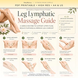 May include: A printable Leg Lymphatic Massage Guide by HeyNovu featuring eight numbered steps with illustrations of leg massage techniques, text instructions for lymph flow, and a section for important reminders on a light cream background.