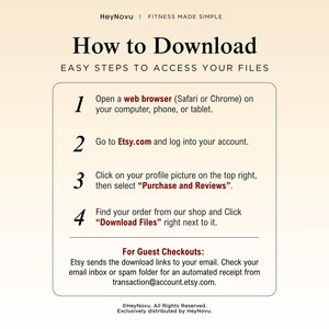 May include: An instructional graphic titled How to Download with four numbered steps for accessing digital files on Etsy.com. It includes instructions for logged-in users and guest checkouts, featuring the HeyNovu brand name and logo at the top and bottom.