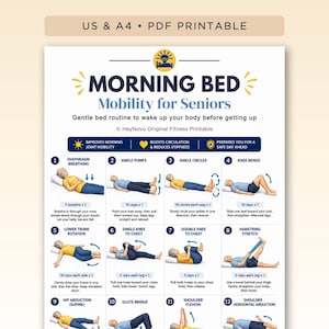 May include: A printable PDF guide titled Morning Bed Mobility for Seniors, featuring twelve numbered illustrations of exercises performed in bed. The document includes text instructions for each movement, icons for benefits, and a header stating US & A4.