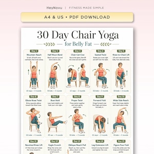 May include: A 30 Day Chair Yoga for Belly Fat PDF download chart featuring illustrations of various seated yoga poses. The document includes daily exercise instructions, repetition counts, and labels for days one through fifteen on a white background.