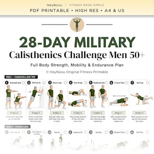 Puede incluir: Un plan de fitness de calistenia militar de 28 días para hombres mayores de 50 años en formato PDF imprimible. El documento presenta una lista numerada de ejercicios que incluyen sentadillas, flexiones en pared, estocadas y planchas.