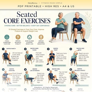 Può includere: Una tabella stampabile in PDF digitale intitolata Seated Core Exercises di HeyNovu. Il documento presenta illustrazioni di 16 movimenti di fitness eseguiti su una sedia, tra cui marce, torsioni ed estensioni delle gambe da seduti.
