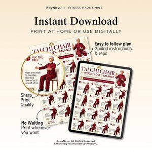 May include: A digital fitness guide titled Tai Chi Chair for Weight Loss & Balance, featuring a series of illustrated exercises with a person in a red outfit demonstrating movements on a chair. The layout includes text instructions, numbered steps, and a circular zoom-in detail of the Hug the Tree exercise.