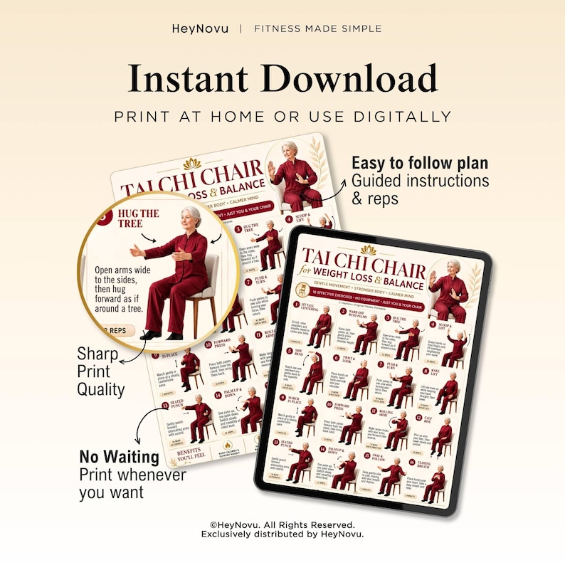 May include: A digital fitness guide titled Tai Chi Chair for Weight Loss & Balance, featuring a series of illustrated exercises with a person in a red outfit demonstrating movements on a chair. The layout includes text instructions, numbered steps, and a circular zoom-in detail of the Hug the Tree exercise.