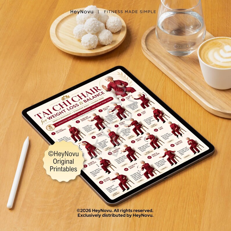 May include: A digital tablet displaying a Tai Chi Chair for Weight Loss & Balance exercise guide with sixteen illustrated poses of a person in red clothing. The screen includes the text HeyNovu Fitness Made Simple and HeyNovu Original Printables.