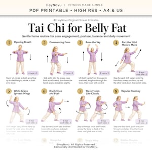 May include: A digital PDF printable guide titled Tai Chi for Belly Fat, featuring eight numbered illustrations of a person in a lavender shirt and white pants performing movements with text instructions and repetition counts for each exercise.