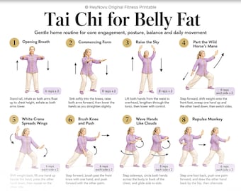 May include: A digital PDF printable guide titled Tai Chi for Belly Fat, featuring eight numbered illustrations of a person in a lavender shirt and white pants performing movements with text instructions and repetition counts for each exercise.