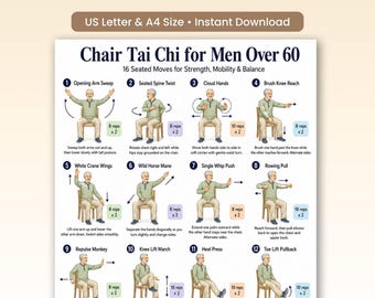 May include: A digital instructional poster titled Chair Tai Chi for Men Over 60, featuring 16 numbered illustrations of a person performing seated exercises on a chair. The chart includes text descriptions for each move, repetition counts, and labels for US Letter and A4 size availability.