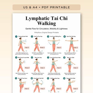 May include: A PDF printable chart titled Lymphatic Tai Chi Walking featuring twelve numbered illustrations of a person in a teal tank top and coral pants demonstrating various movement sequences for circulation, mobility, and lightness.