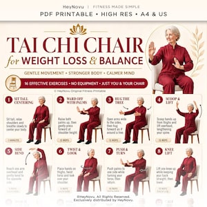 May include: A PDF printable fitness guide titled Tai Chi Chair for Weight Loss & Balance by HeyNovu. The document features eight numbered exercise illustrations showing a person in a red outfit performing movements while seated on a chair.