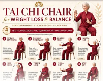 May include: A PDF printable fitness guide titled Tai Chi Chair for Weight Loss & Balance by HeyNovu. The document features eight numbered exercise illustrations showing a person in a red outfit performing movements while seated on a chair.