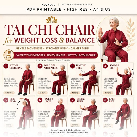 Tai Chi Chair Exercise Chart, Seated Balance Workout (PDF Printable)