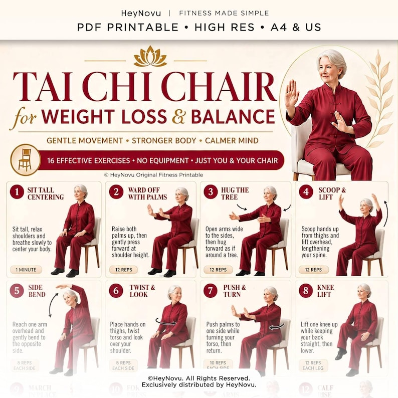 May include: A PDF printable fitness guide titled Tai Chi Chair for Weight Loss & Balance by HeyNovu. The document features eight numbered exercise illustrations showing a person in a red outfit performing movements while seated on a chair.