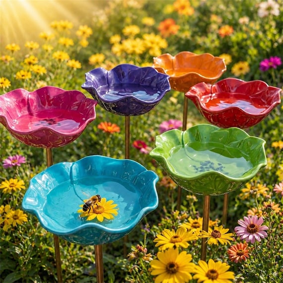 Colorful Hand-Painted Bee & Butterfly Watering Station – Flower Garden Cups, Outdoor Pollinator Decor, Eco-Friendly Gift