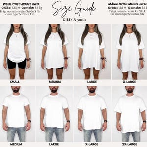 May include: A Gildan 5000 size guide chart featuring eight images of individuals wearing white t-shirts in various sizes. The top row displays sizes small through extra-large, while the bottom row displays sizes medium through double-extra-large.