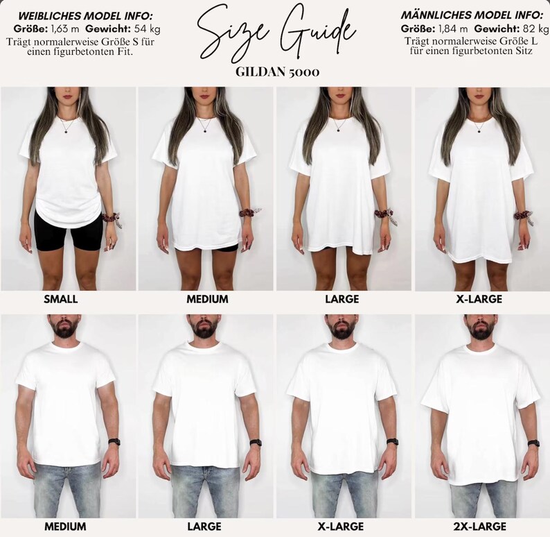 May include: A Gildan 5000 size guide chart featuring eight images of individuals wearing white t-shirts in various sizes. The top row displays sizes small through extra-large, while the bottom row displays sizes medium through double-extra-large.
