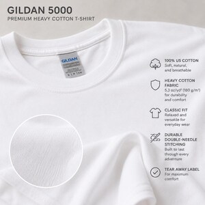 May include: A white Gildan 5000 premium heavy cotton t-shirt with a crew neckline and a tear-away label. The shirt features 100% US cotton fabric, a classic fit, and durable double-needle stitching with a weight of 5.3 oz/yd2 for the material.