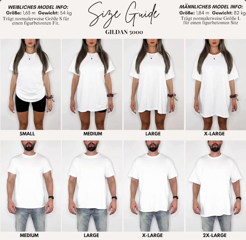 K&ouml;nnte beinhalten: Eine Gildan 5000 Gr&ouml;&szlig;entabelle mit acht Bildern von Personen, die wei&szlig;e T-Shirts in verschiedenen Gr&ouml;&szlig;en tragen. Die obere Reihe zeigt die Gr&ouml;&szlig;en Small bis Extra-Large, die untere Reihe zeigt Medium bis Double-Extra-Large.