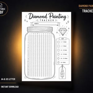 May include: A printable diamond painting tracker sheet featuring a large mason jar illustration with 31 rows of diamond-shaped checkboxes, a monthly goal section, a diamond icon, and a key defining row counts with various geometric shapes.