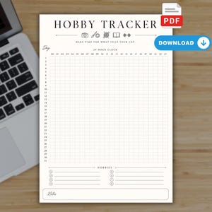May include: A white printable hobby tracker sheet with black text and grid lines. The header reads HOBBY TRACKER and includes icons for a camera, paintbrush, yarn, book, and weight. It features a 24-hour clock grid, 31 days, and a section for hobbies.